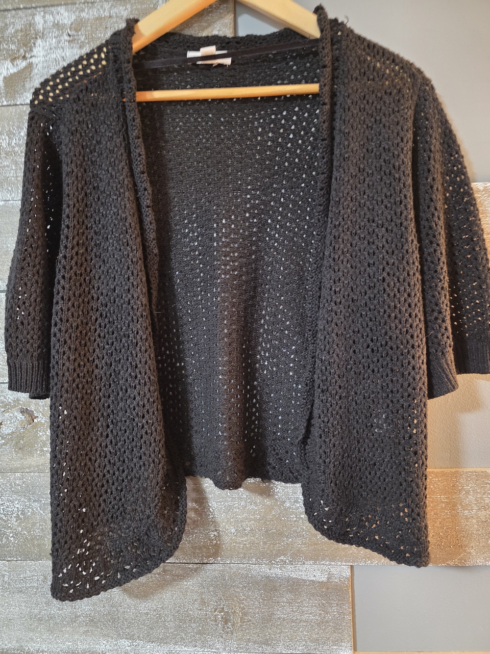 Charter Club Black Open-Weave Short Sleeve Cardigan